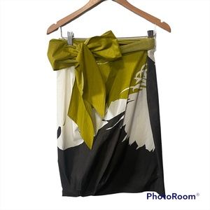 Max Mara Chartreuse Green Ivory Brown Floral Cotton Lined Straight Sash Skirt